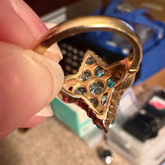 Vintage Blue Zircon Cluster Ring In 10K Solid Yellow Gold - Picture 6 of 8